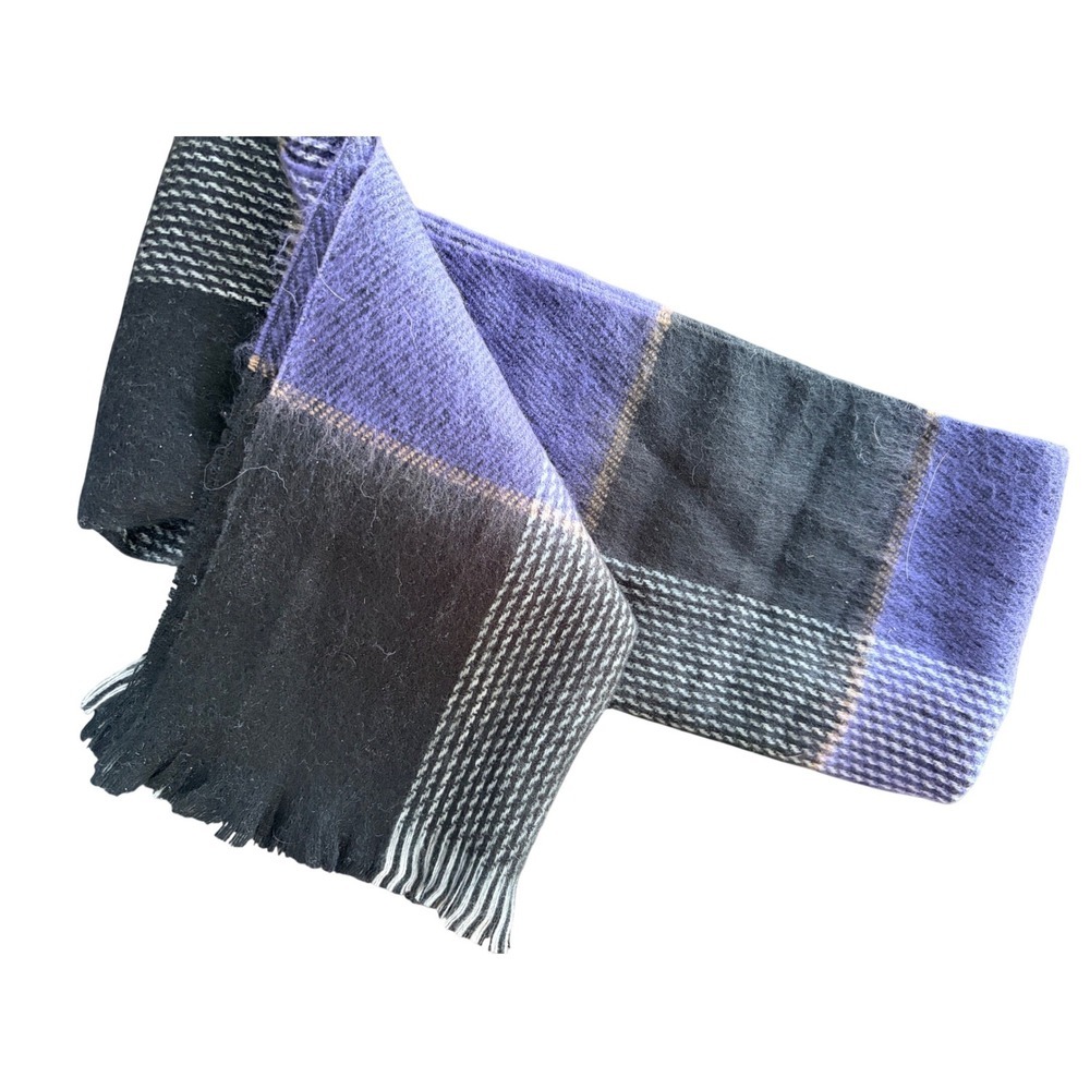 100% Cashmere Scarf Made in England Purple Black Grey Plaid Fringed Winter Wrap‎